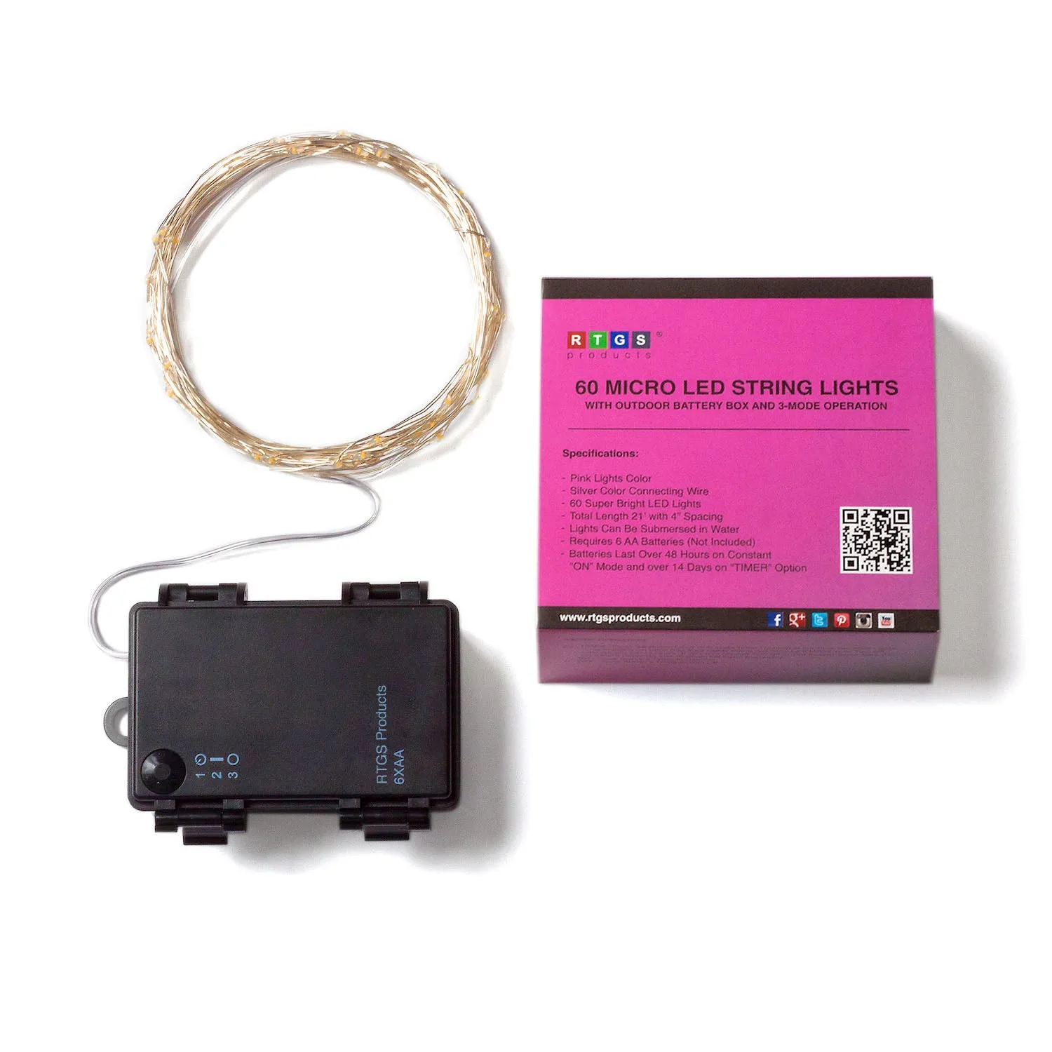 RTGS 60 Pink Color LED String Lights Batteries Operated on 20 Feet Long Silver Color Wire with Black Waterproof Batteries Box and Timer