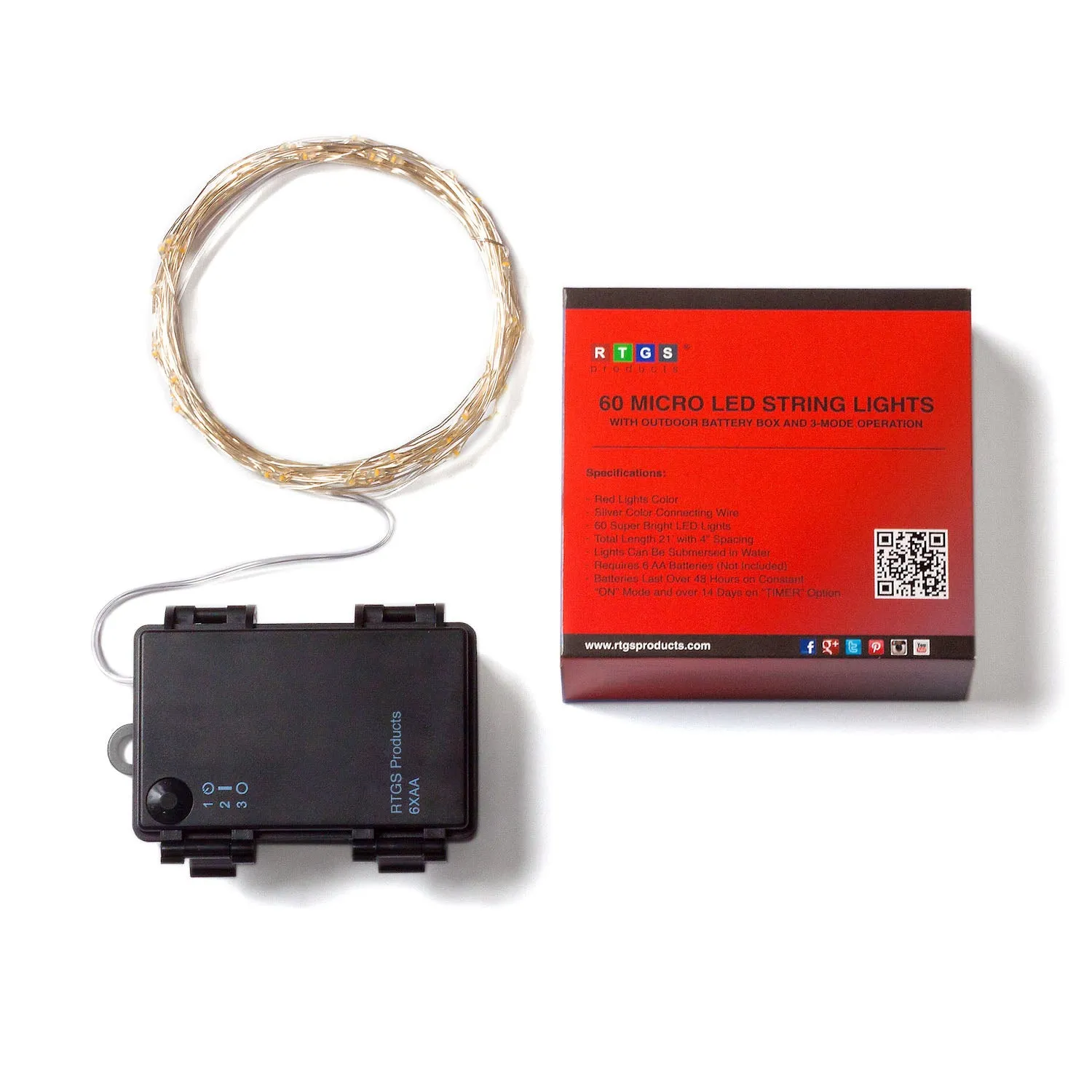 RTGS 60 Red Color LED String Lights Batteries Operated on 20 Feet Long Silver Color Wire with Black Waterproof Batteries Box and Timer