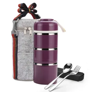 Stackable Lunch Box,ArderLive Portable Stainless Steel Insulated Lunch Box with Lunch Bag & Portable utensil, BPA Free Leakproof Food Storage Container. (3-purple)