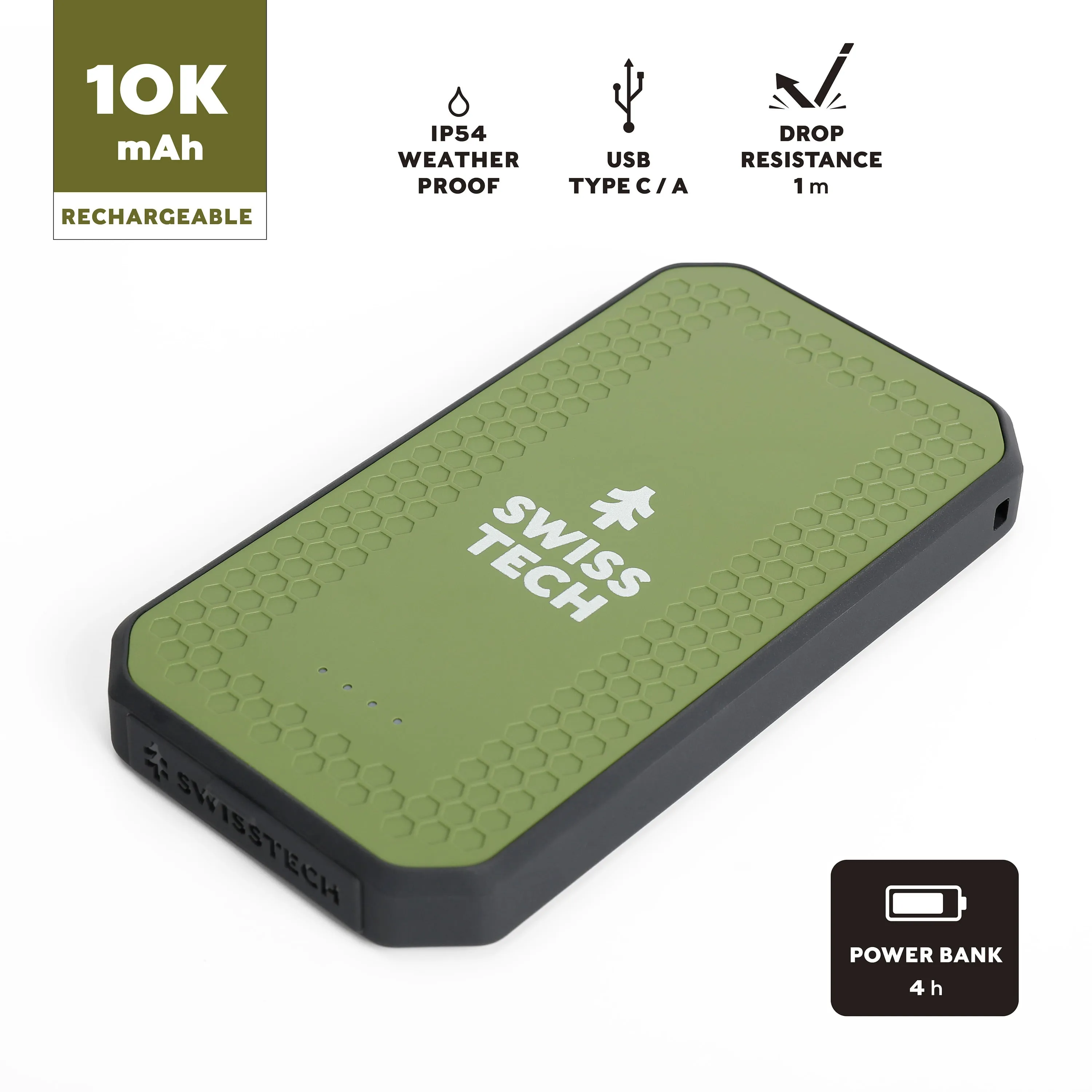 Swiss Tech 10000 mAh RUGGED PORTABLE POWER BANK / CHARGER | IP54 WEATHER PROOF