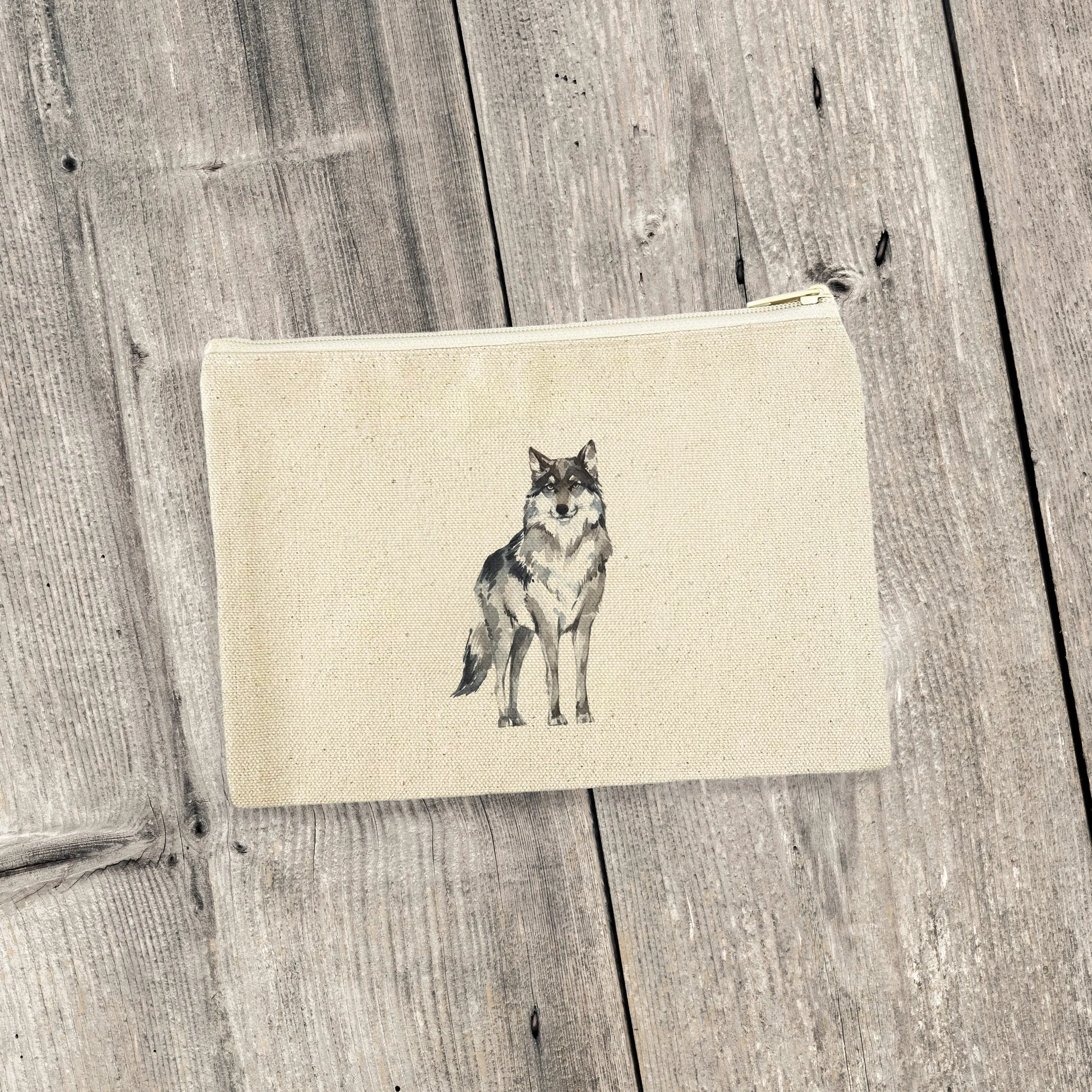 Watercolor Standing Wolf - Canvas Zipper Pouch