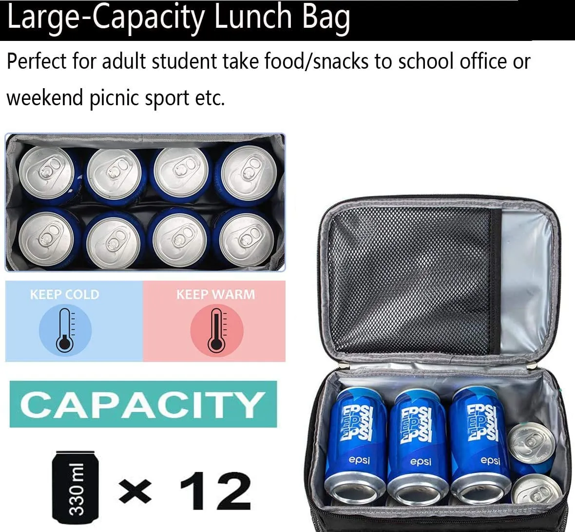 ZM-YOUTOO Insulated Lunch Bag - Thermal Leakproof Reusable Lunch Box -Soft Cooler Cooling Bag With Adjustable Strap for Office Work Picnic Hiking…